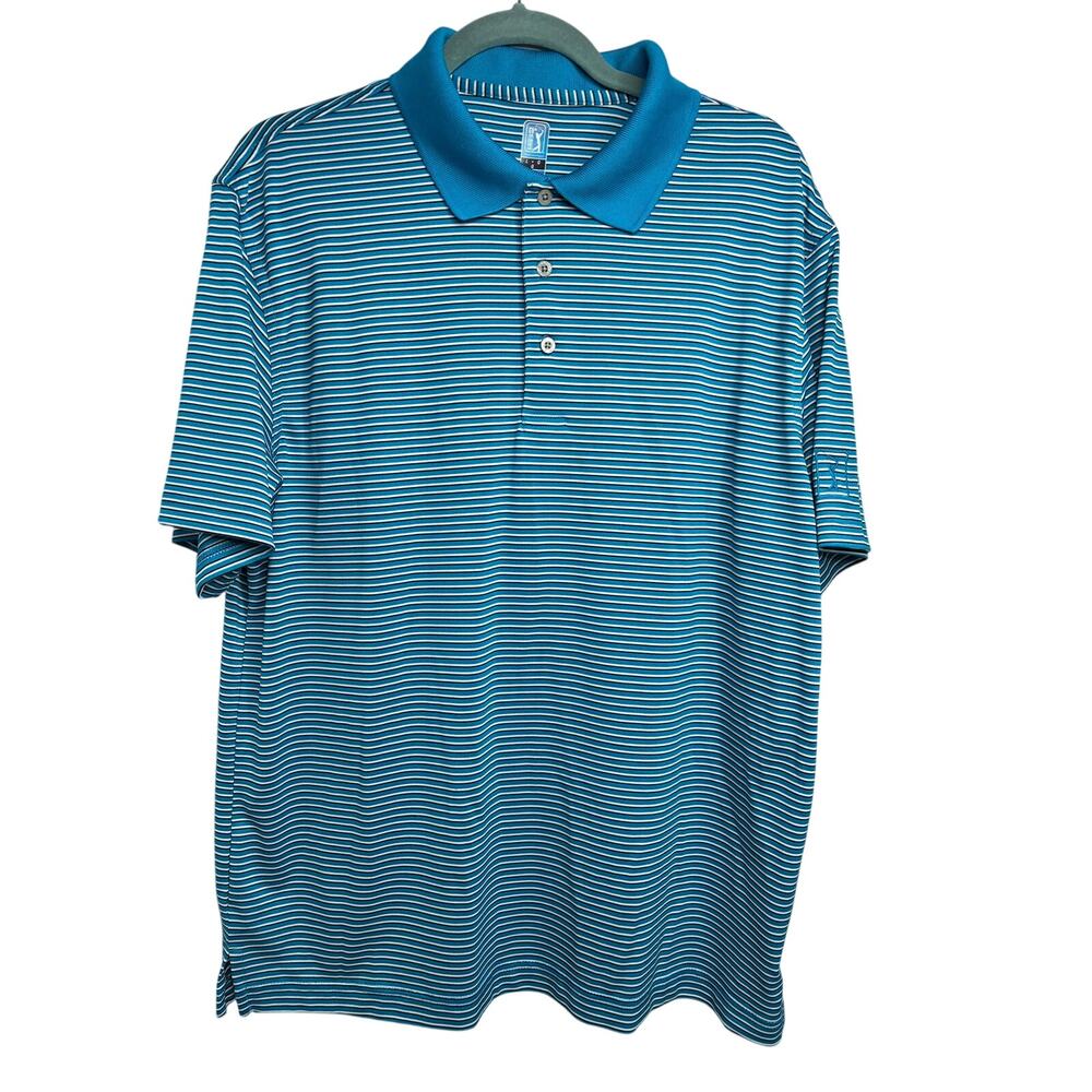 PGA Tour Men's Blue White Striped Polo Shirt Large Golf Logo Casual